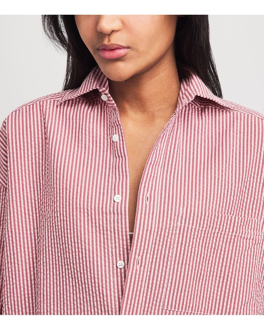 With Nothing Underneath Pink Seersucker Striped The Weekend Shirt