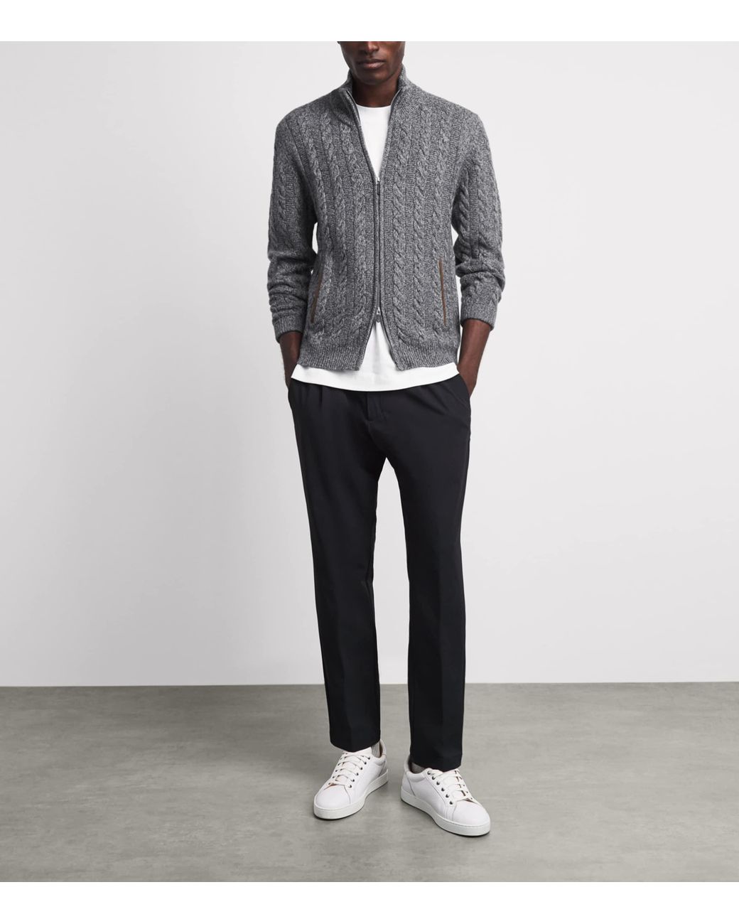 N.Peal Cashmere Gray Cashmere Cable-Knit Zip-Up Cardigan for men