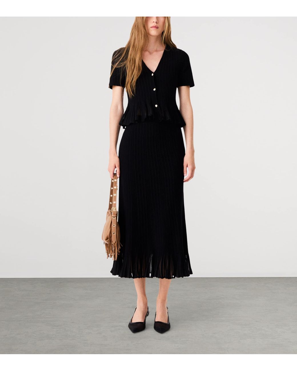 Maje Black Plissé Midi Skirt