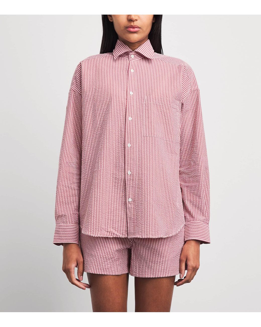 With Nothing Underneath Pink Seersucker Striped The Weekend Shirt