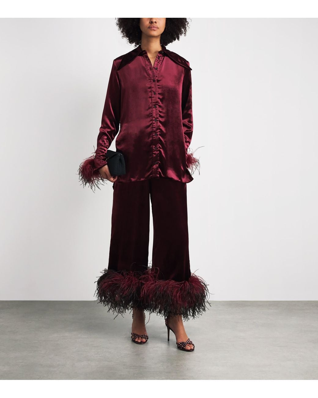 16Arlington Purple Ostrich-Trim Satin Joelle Wide-Leg Trousers