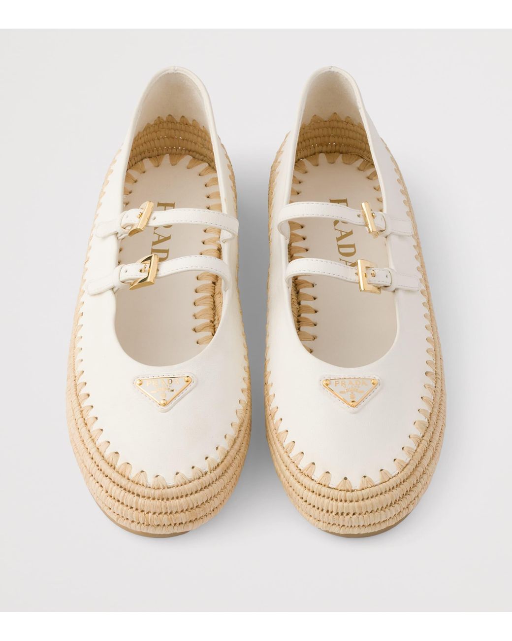 Prada Natural Leather And Raffia Ballet Flats