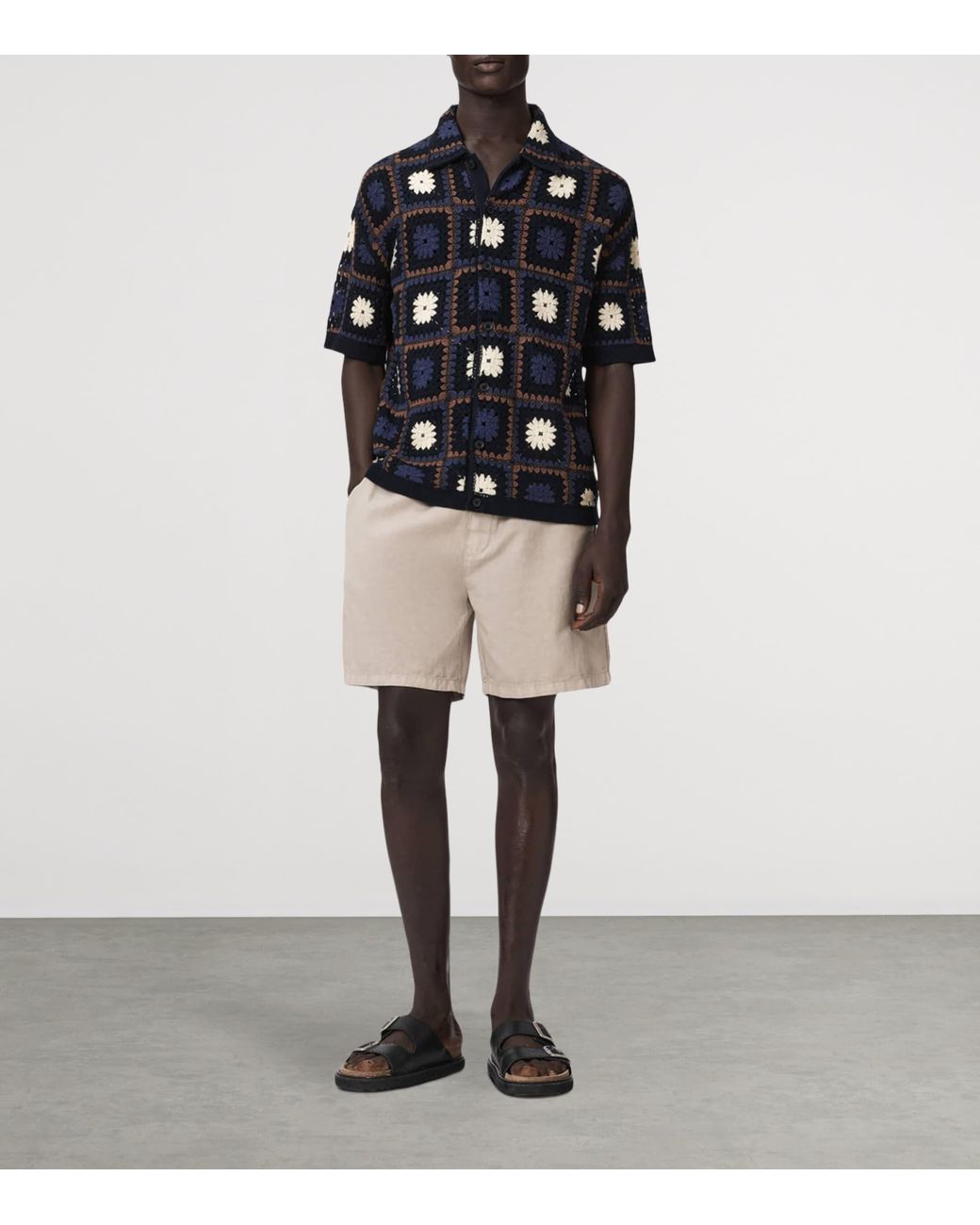 AllSaints Blue Organic Cotton Crochet Short-Sleeve Shirt for men