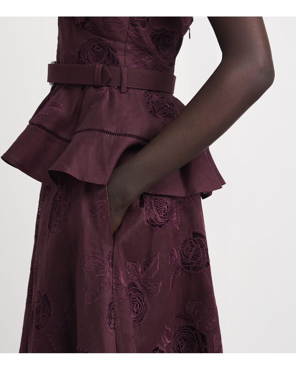Self-Portrait Purple Linen-Cotton Embroidered Midi Dress