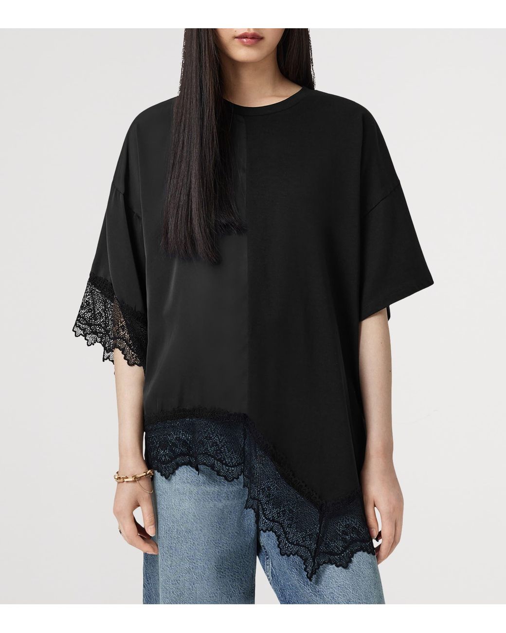 AllSaints Black Cotton Lace-Trim Lenny T-Shirt