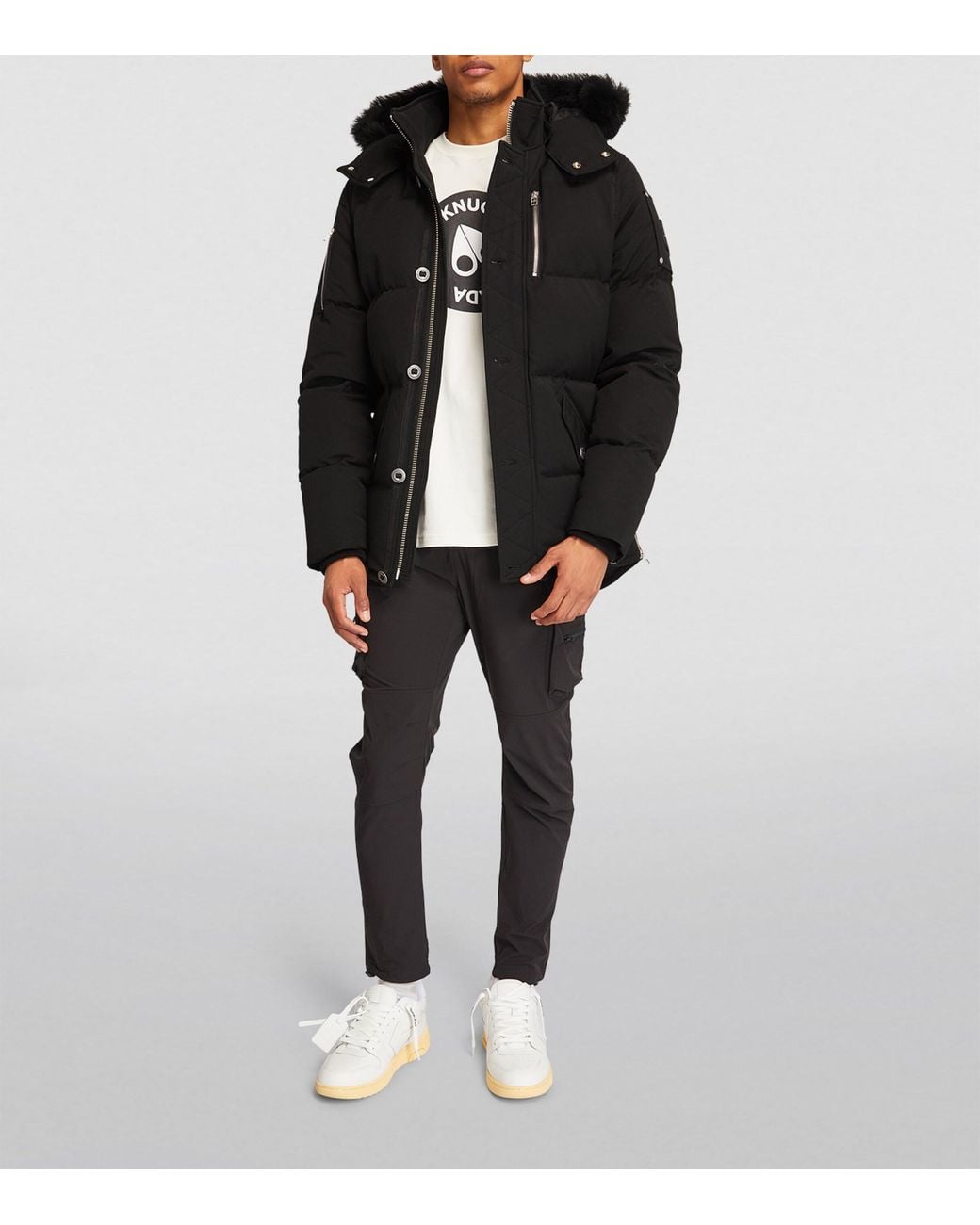 Moose Knuckles Black Shearling-Collar Puffer Jacket for men