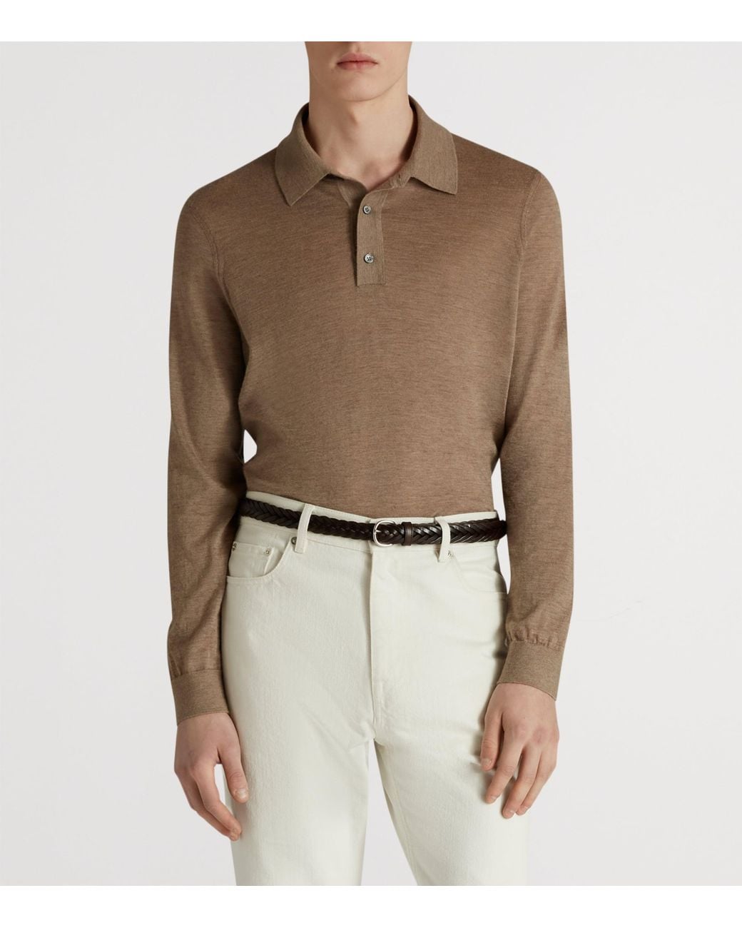 Dunhill Brown Superfine Cashmere Long-Sleeve Polo Shirt for men