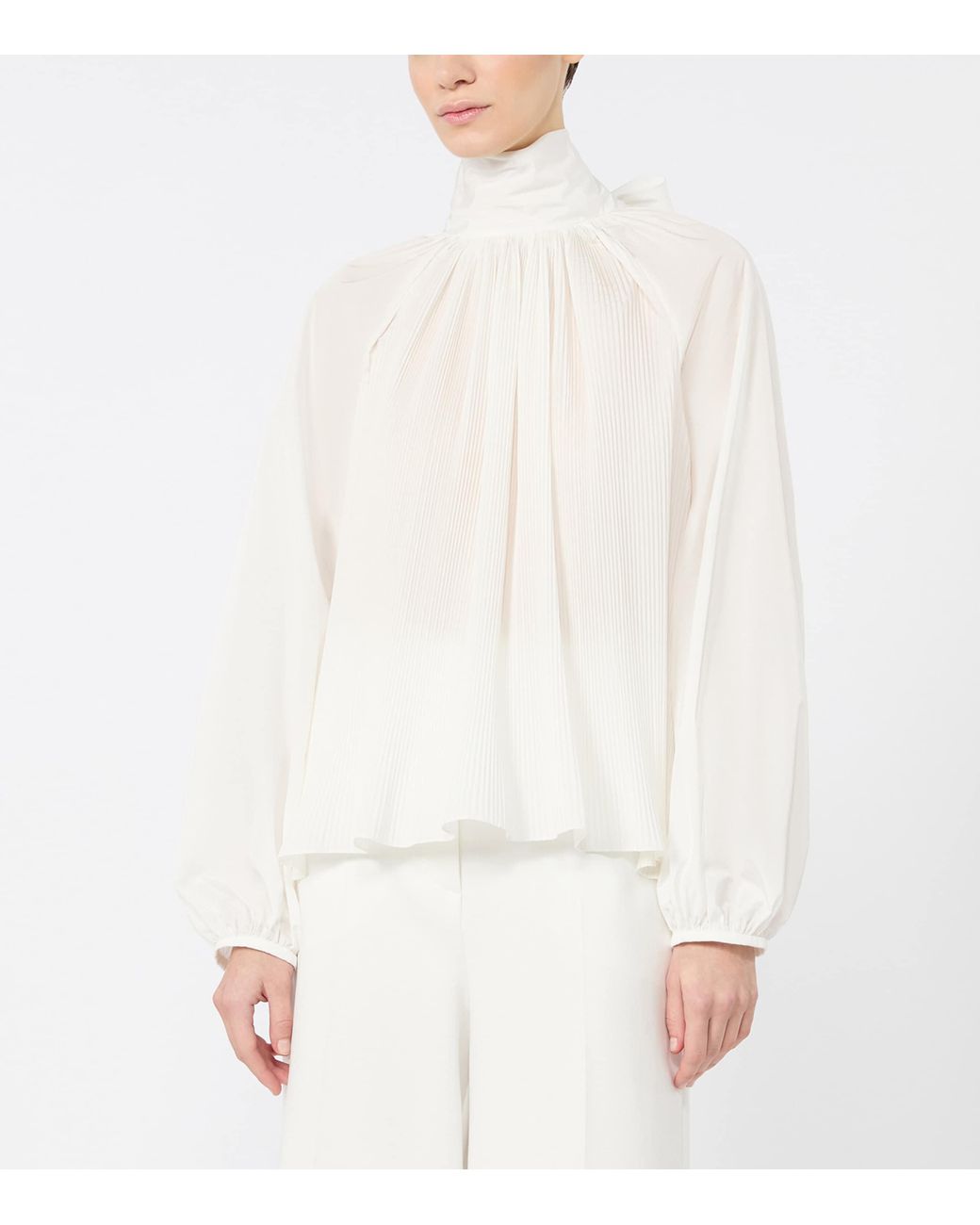 Max Mara White Pleated Pussybow Blouse
