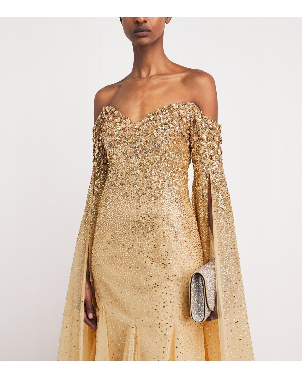 Pamella Roland Natural Sequinned Cape-Sleeve Gown