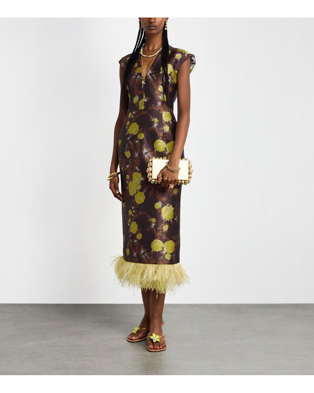 LaDoubleJ Metallic Feather-Trim Sleek Midi Dress