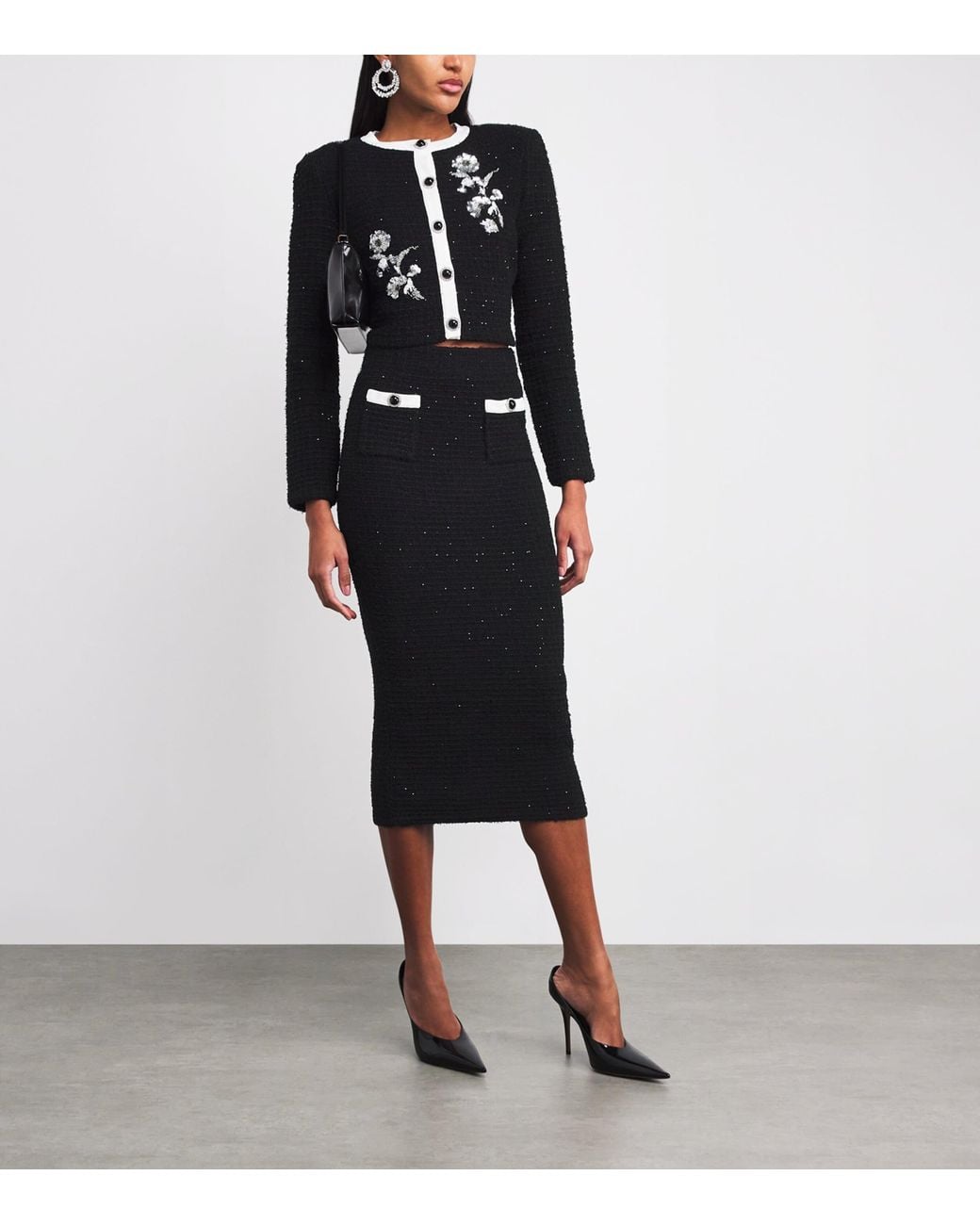 Self-Portrait Black Textured Midi Skirt