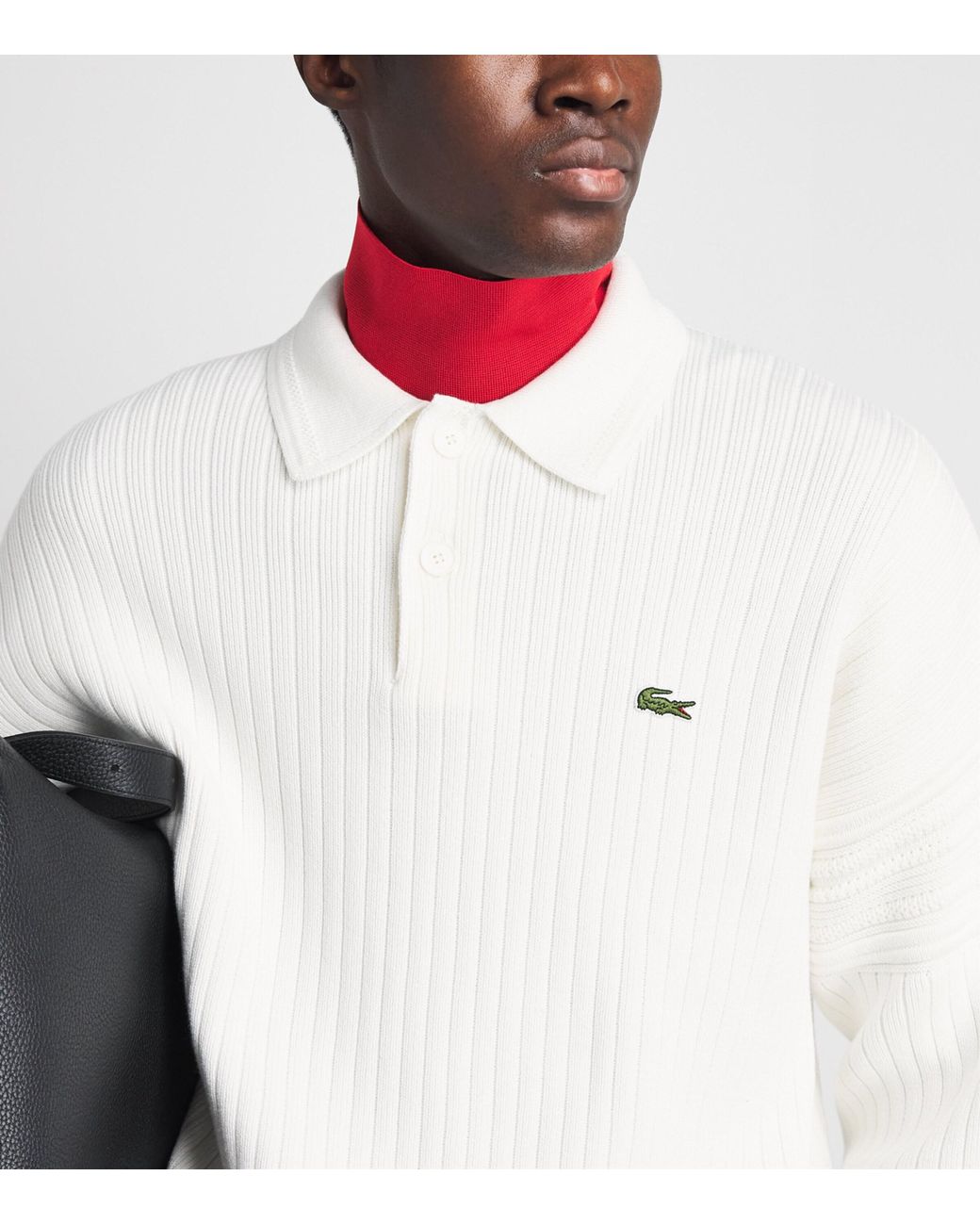 Lacoste White Cotton Ribbed Polo Sweater for men