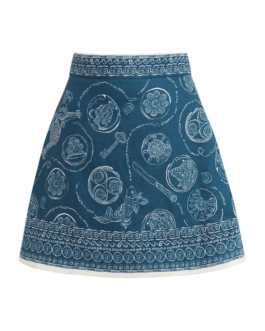 ALÉMAIS Blue Linen Printed Lucky Mini Skirt