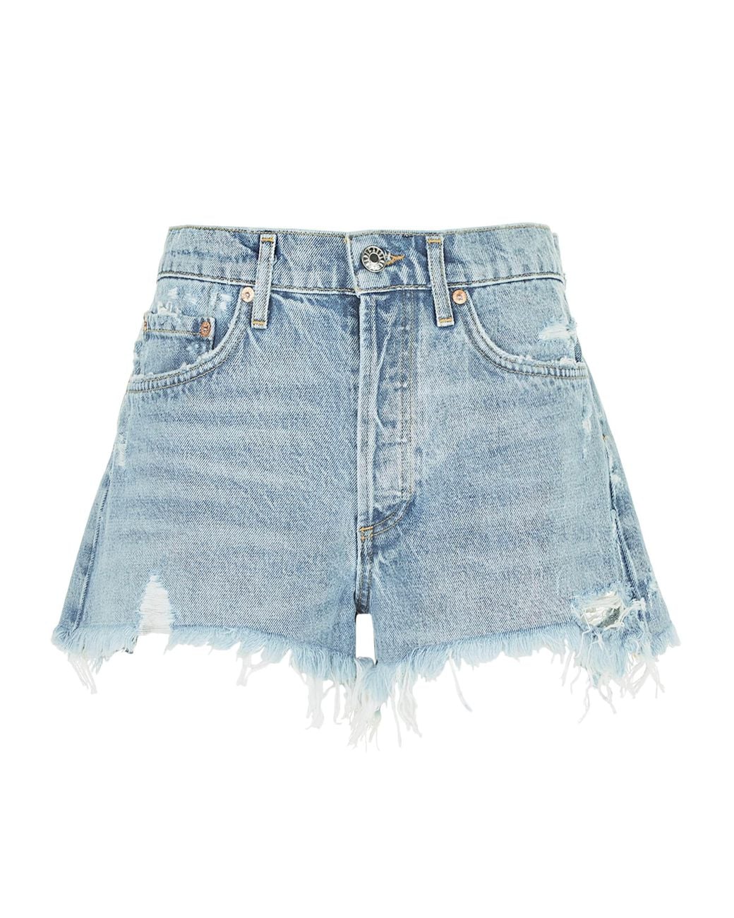 Agolde Blue Parker Fringed Denim Shorts