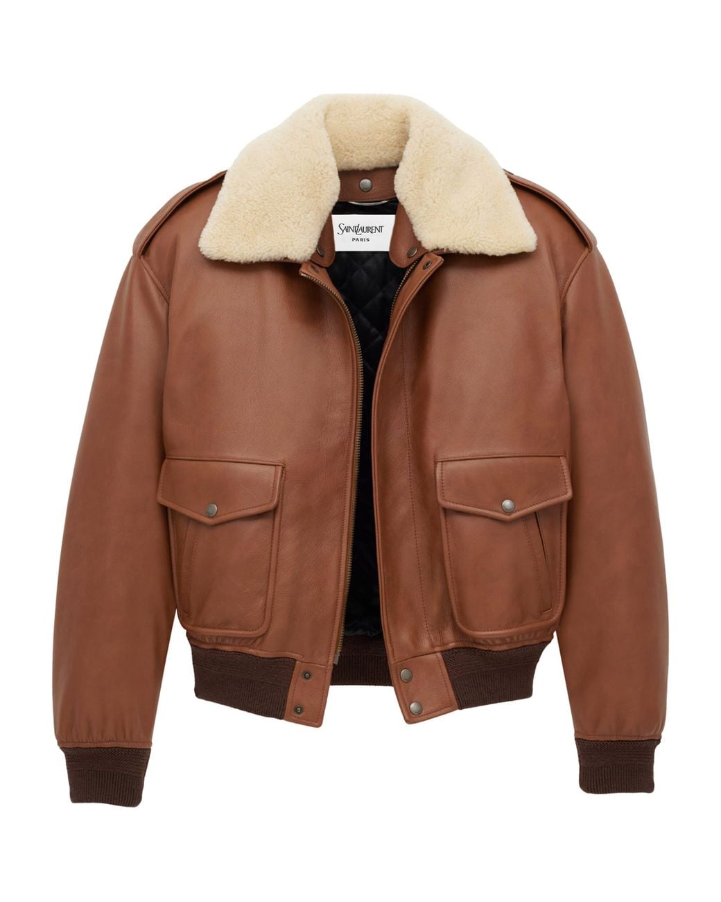 Saint Laurent Brown Shearling Collar Leather Jacket