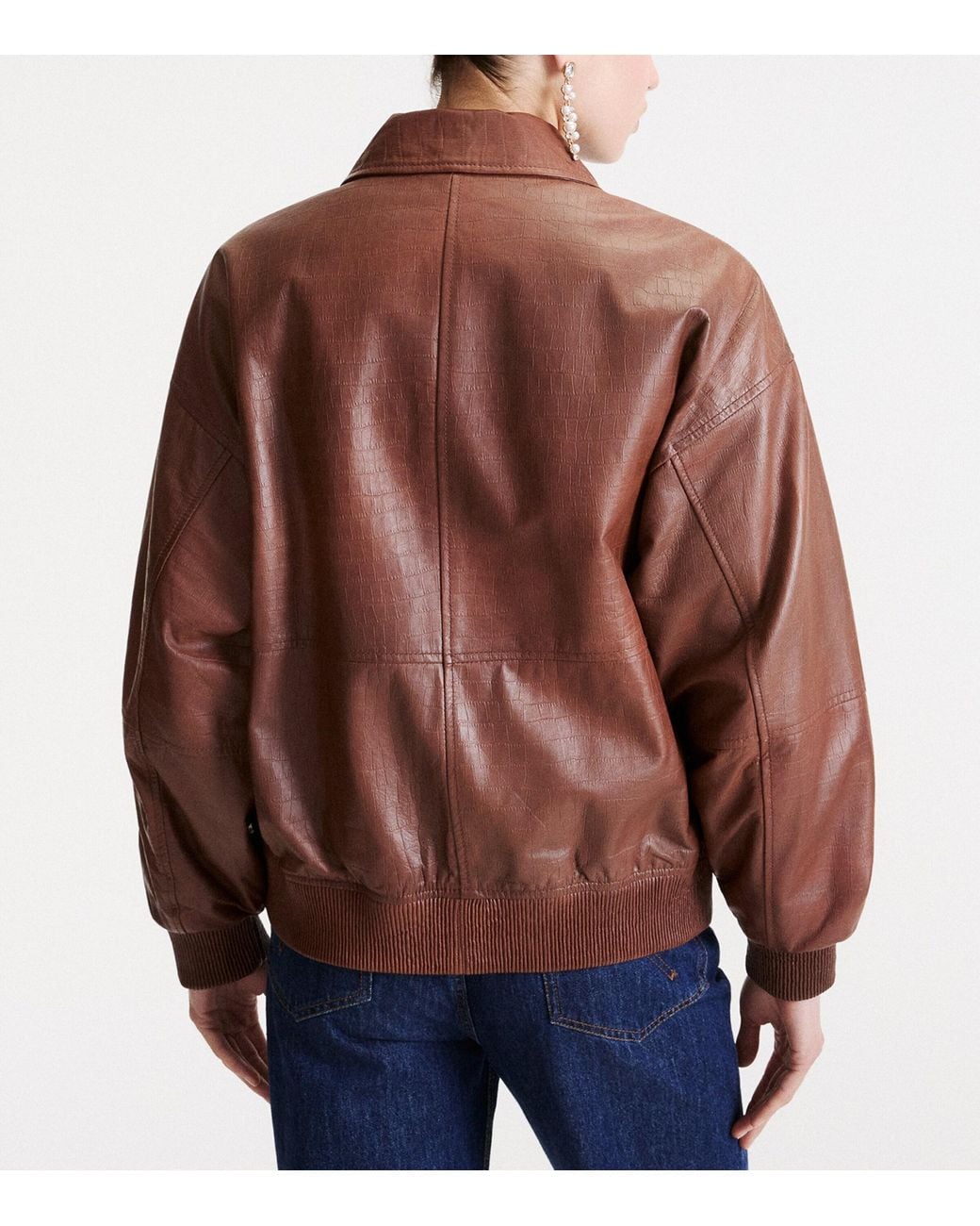 Marella Brown Croc-Embossed Leather Bomber Jacket