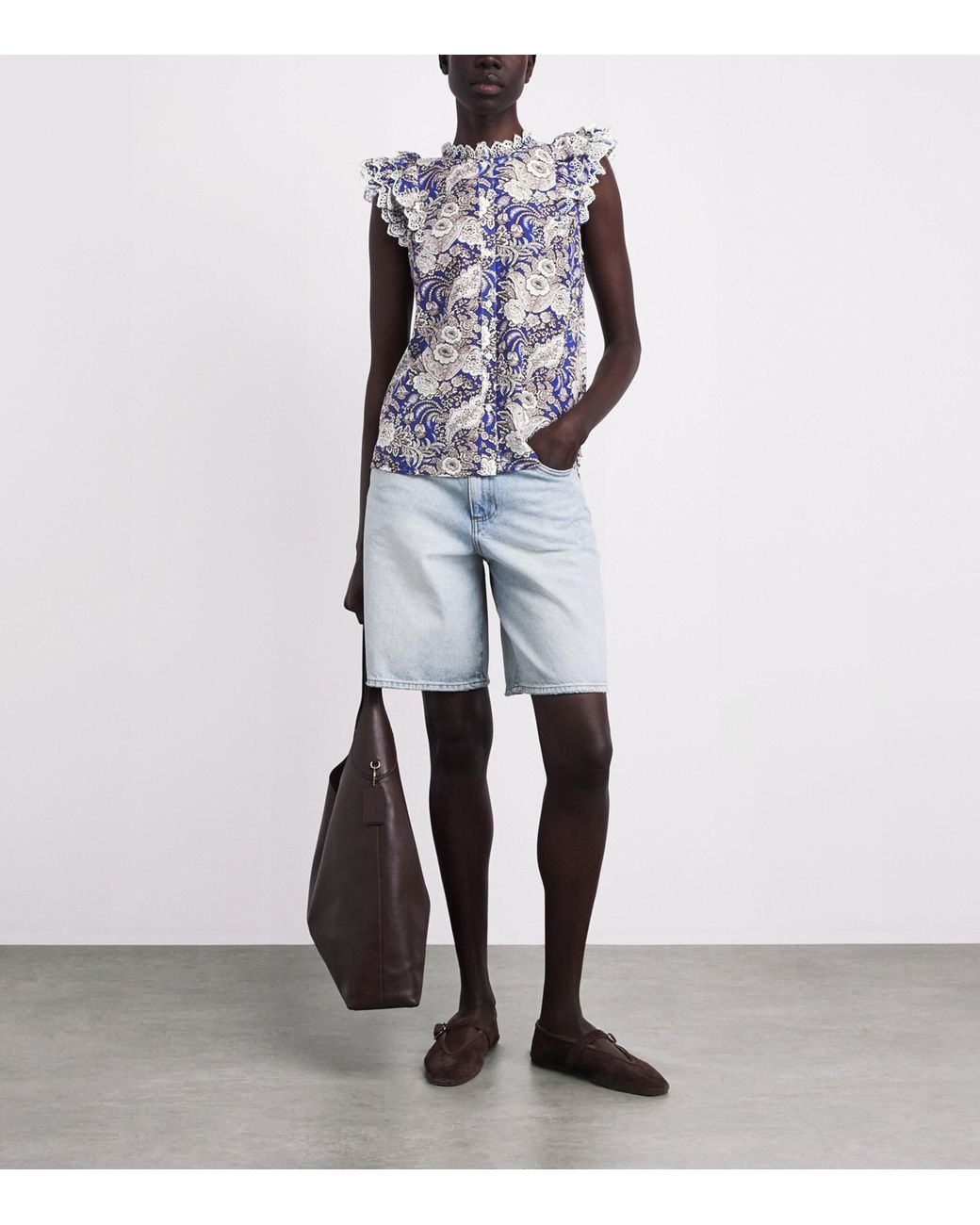 ME+EM Blue Cotton Ruffle Printed Blouse