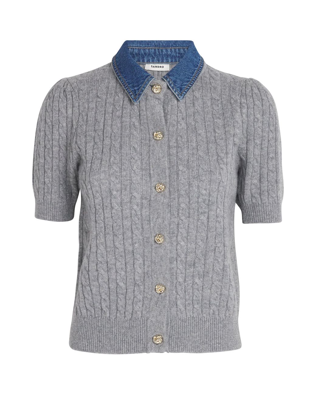 Sandro Gray Wool-Cashmere Denim-Collar Cardigan