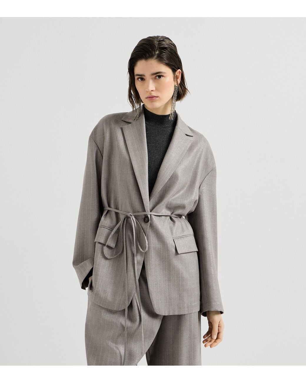 Brunello Cucinelli Gray Virgin Wool-Blend Pinstripe Monili Blazer