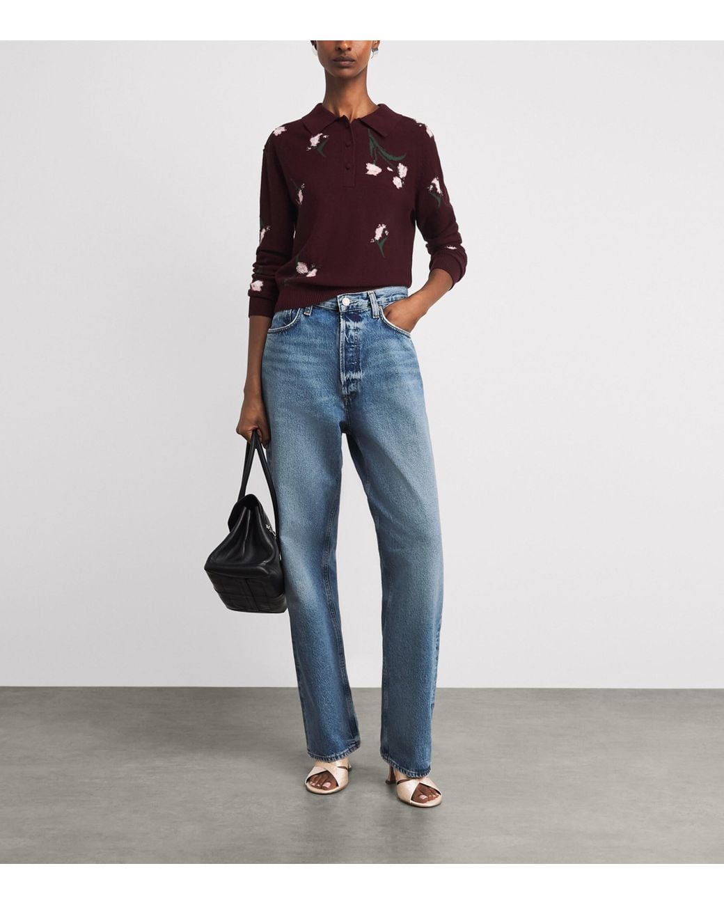 Erdem Red Merino Wool Floral Polo Sweater