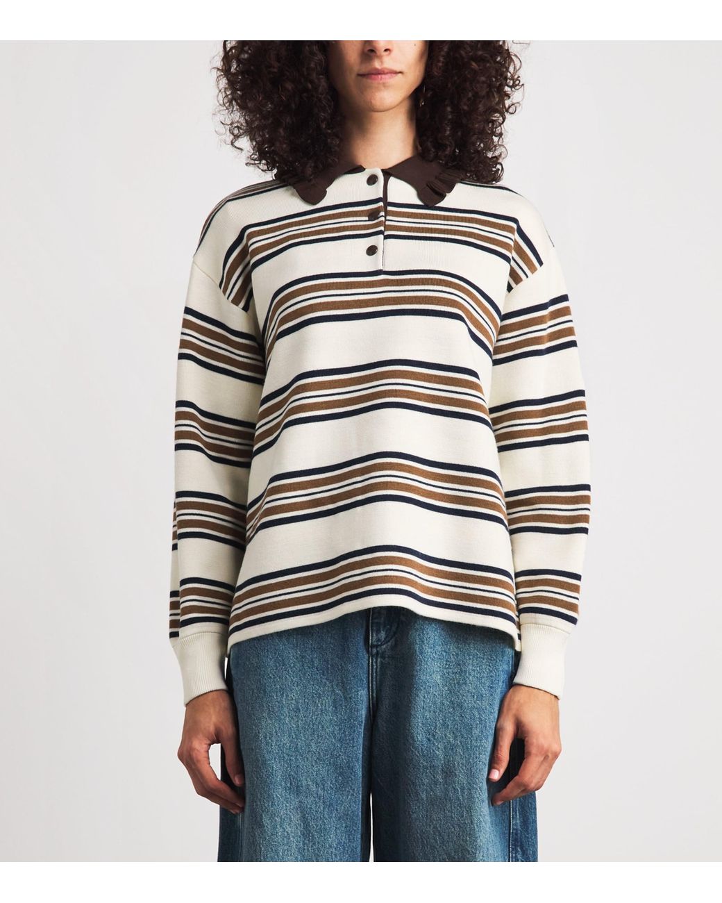Claudie Pierlot White Ruffled-Collar Rugby Polo Sweater