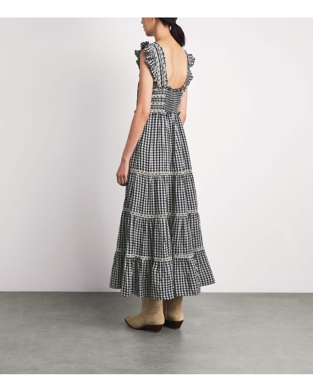 Rixo Gray Cotton Check Chandra Midi Dress