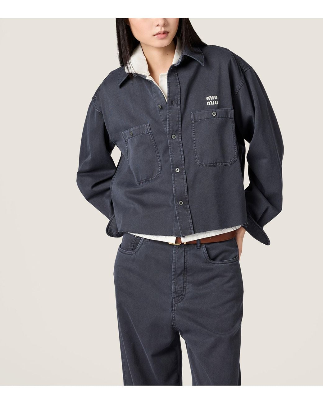 Miu Miu Blue Denim Distressed Logo Shirt