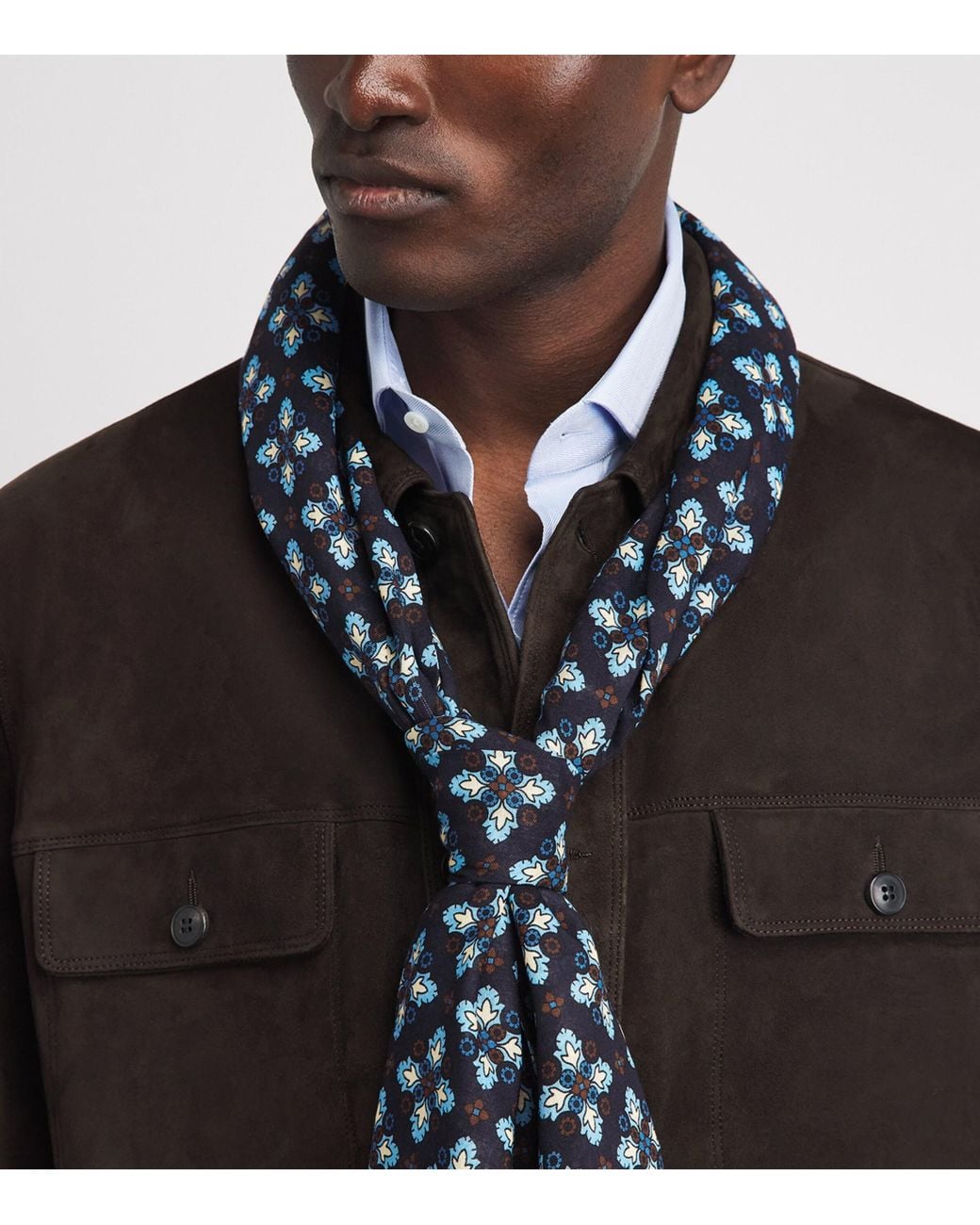 E.MARINELLA Blue Wool-Silk Floral Print Scarf for men