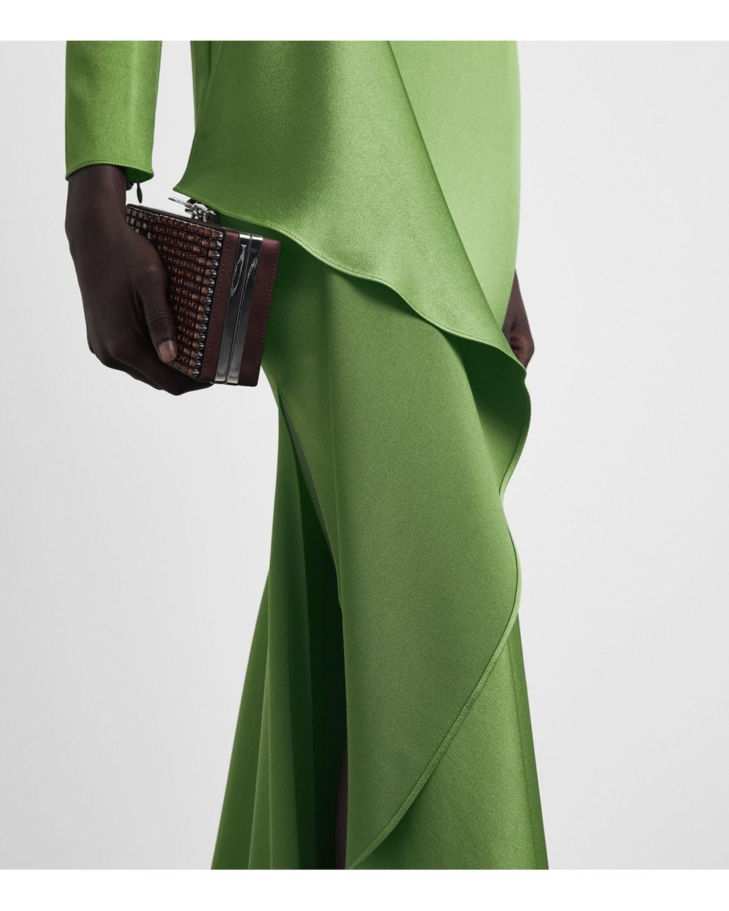 Alex Perry Green Satin Crepe Tiered Drape Gown