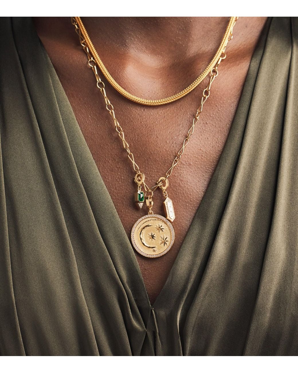 Azlee Metallic Diamond And Emerald Relic Charm Necklace