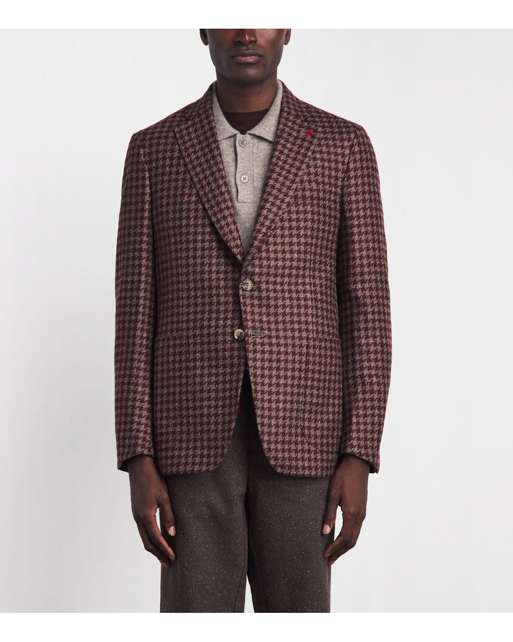 Isaia Brown Wool-Cashmere-Silk Houndstooth Capri Blazer for men