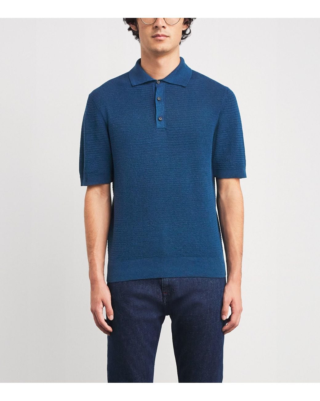 Isaia Blue Silk-Linen Polo Shirt for men