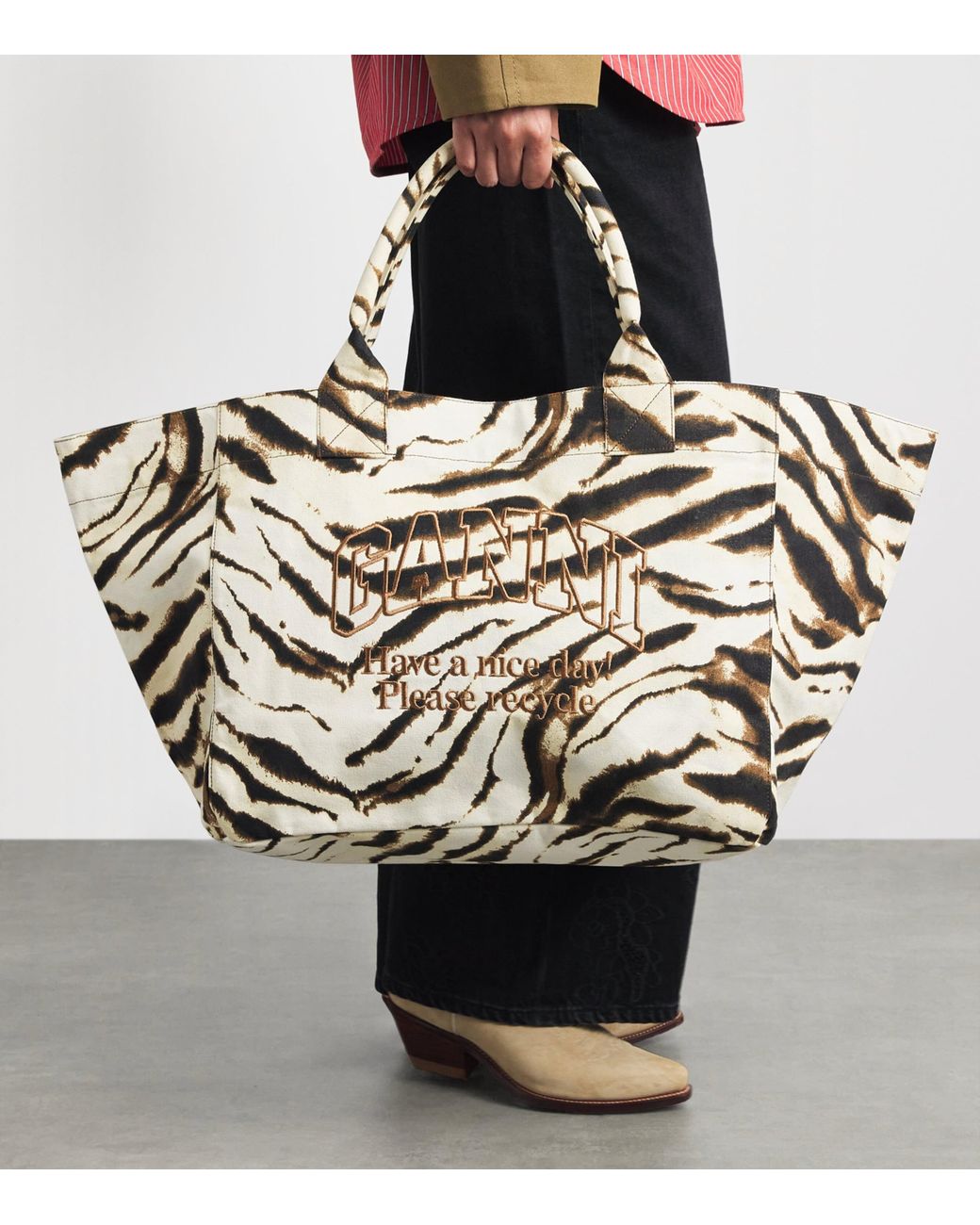 Ganni Metallic Large Canvas Zebra Tote Bag