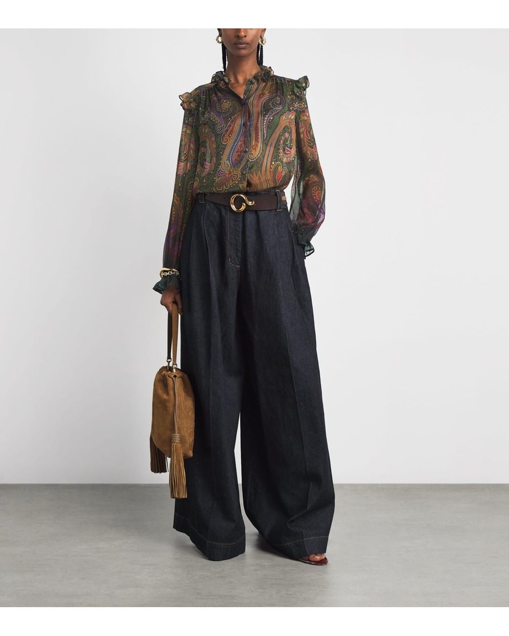Etro Brown Silk Ruffle Paisley Blouse