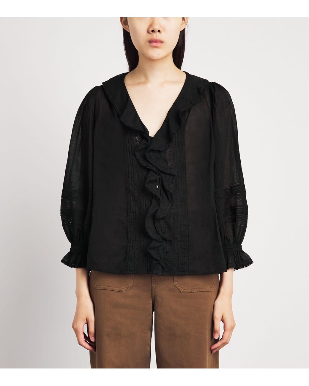 ME+EM Black Cotton Voile Ruffle Blouse