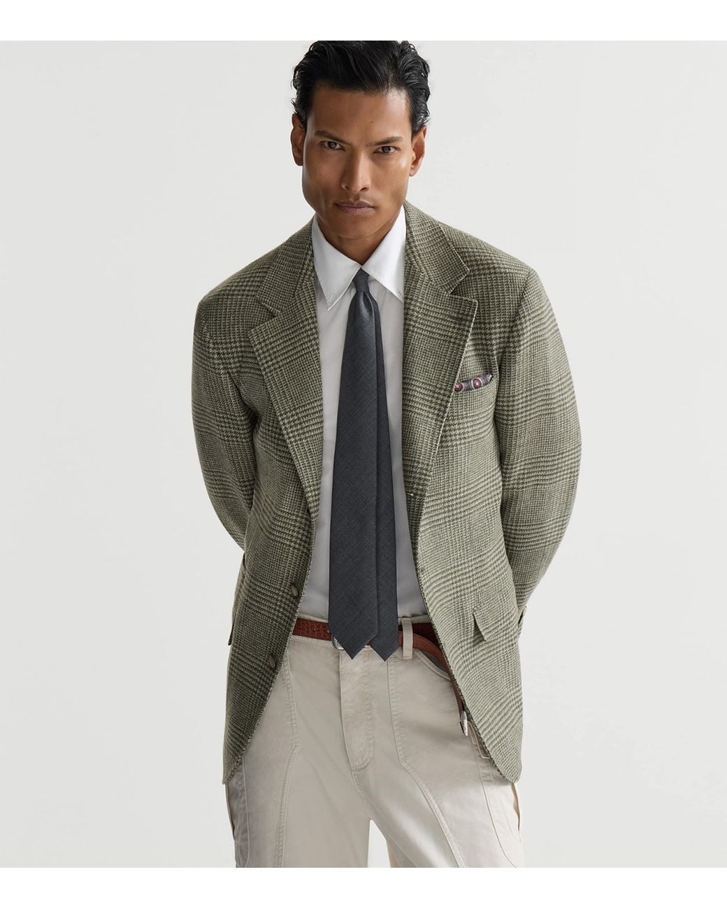 Brunello Cucinelli Green Wool-Cashmere-Blend Check Blazer for men
