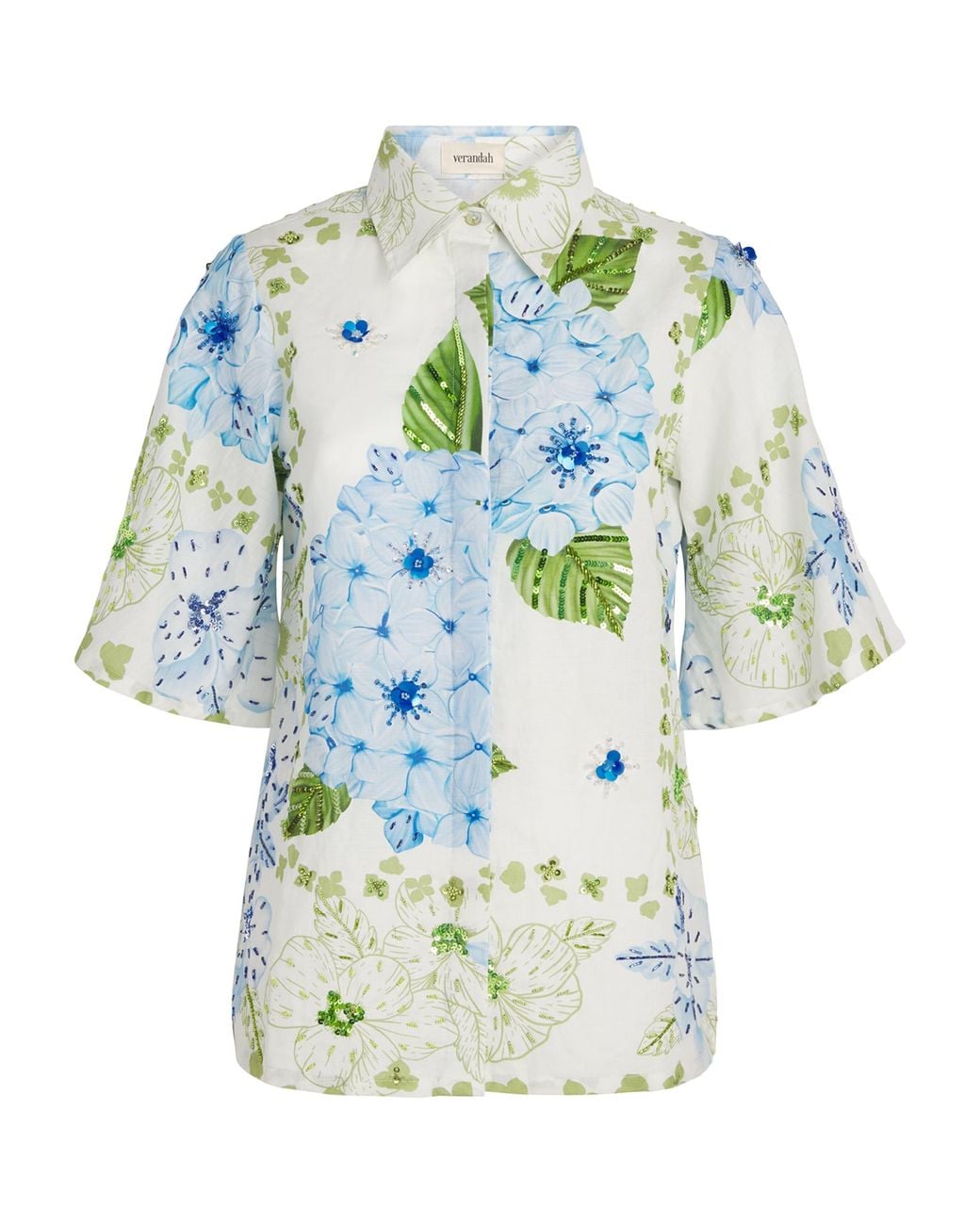 VERANDAH Blue Linen-Cotton Hydrangea Shirt