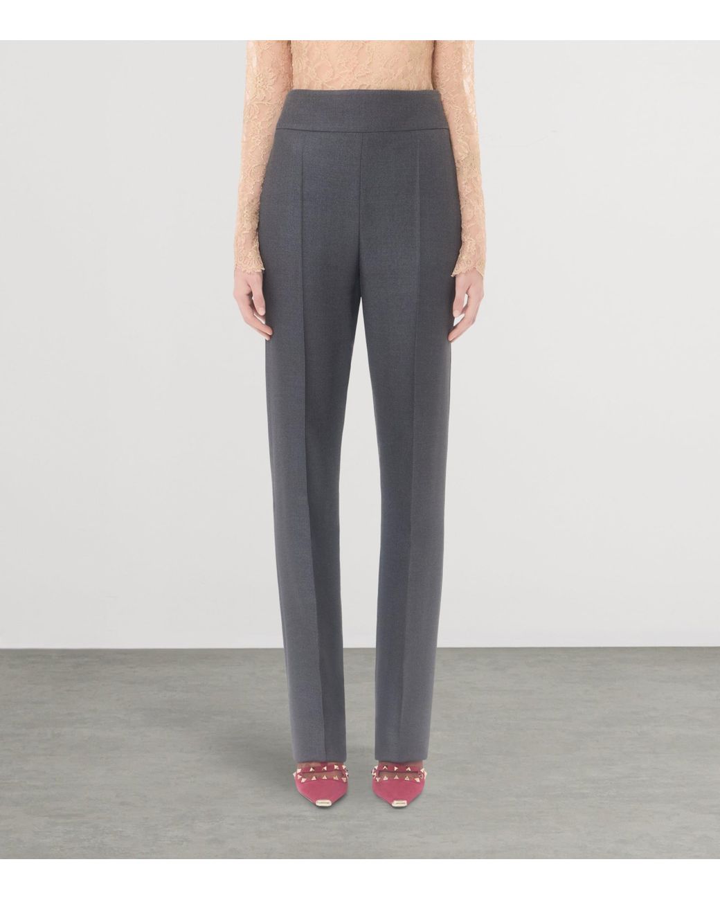 Valentino Gray Silk-Wool Straight Trousers