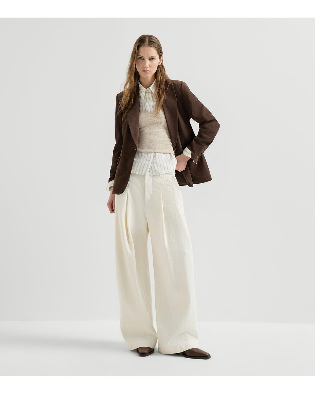 Brunello Cucinelli Natural Silk-Alpaca-Wool Lace-Detail Top