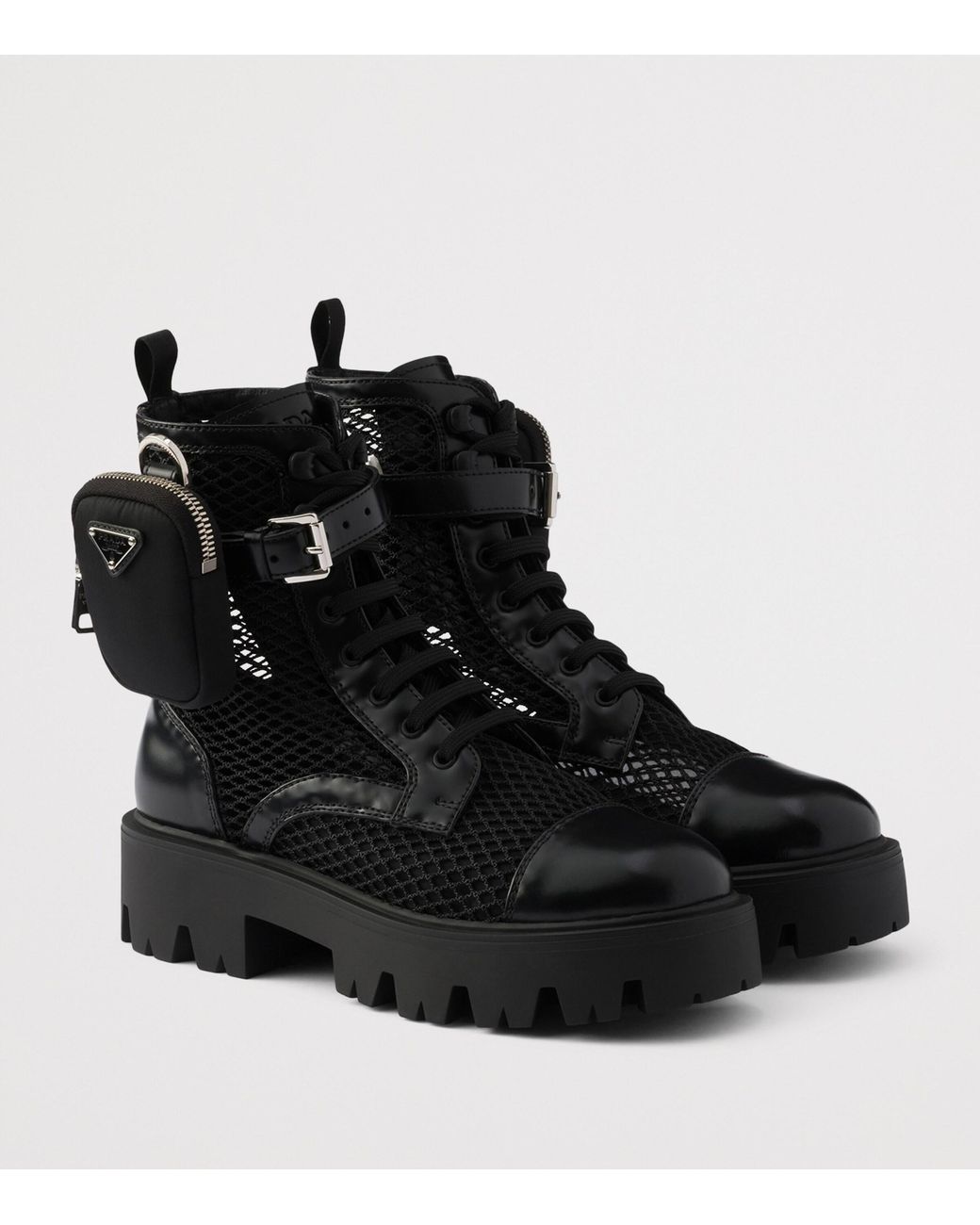 Prada Black Mesh And Leather Monolith Boots With Pouch