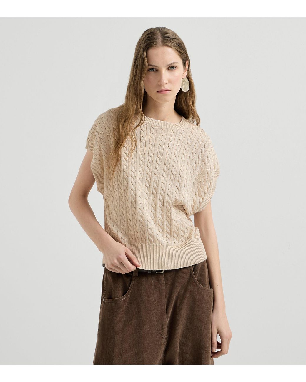 Brunello Cucinelli White Cable-Knit Sparkling Short-Sleeve Sweater