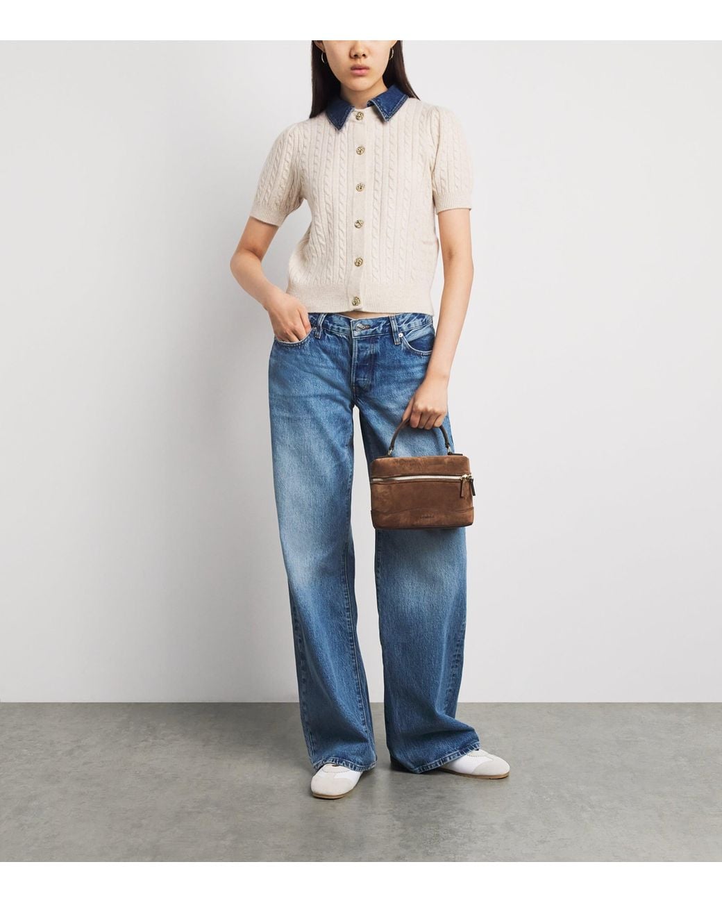 Sandro White Wool-Cashmere Denim-Collar Cardigan