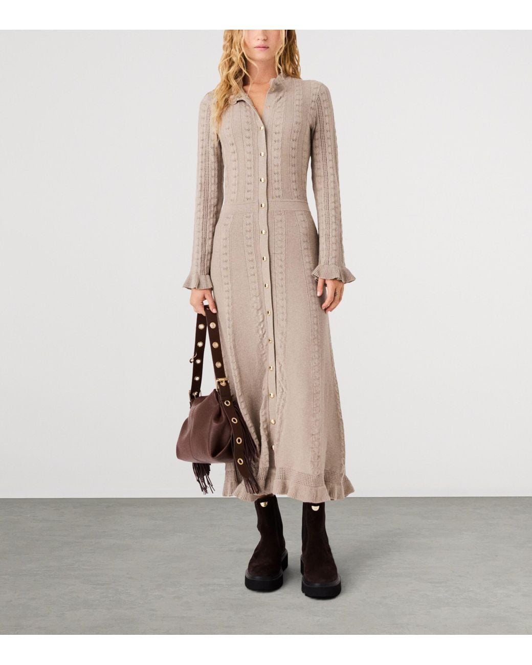 Maje Natural Pointelle-Knit Midi Dress