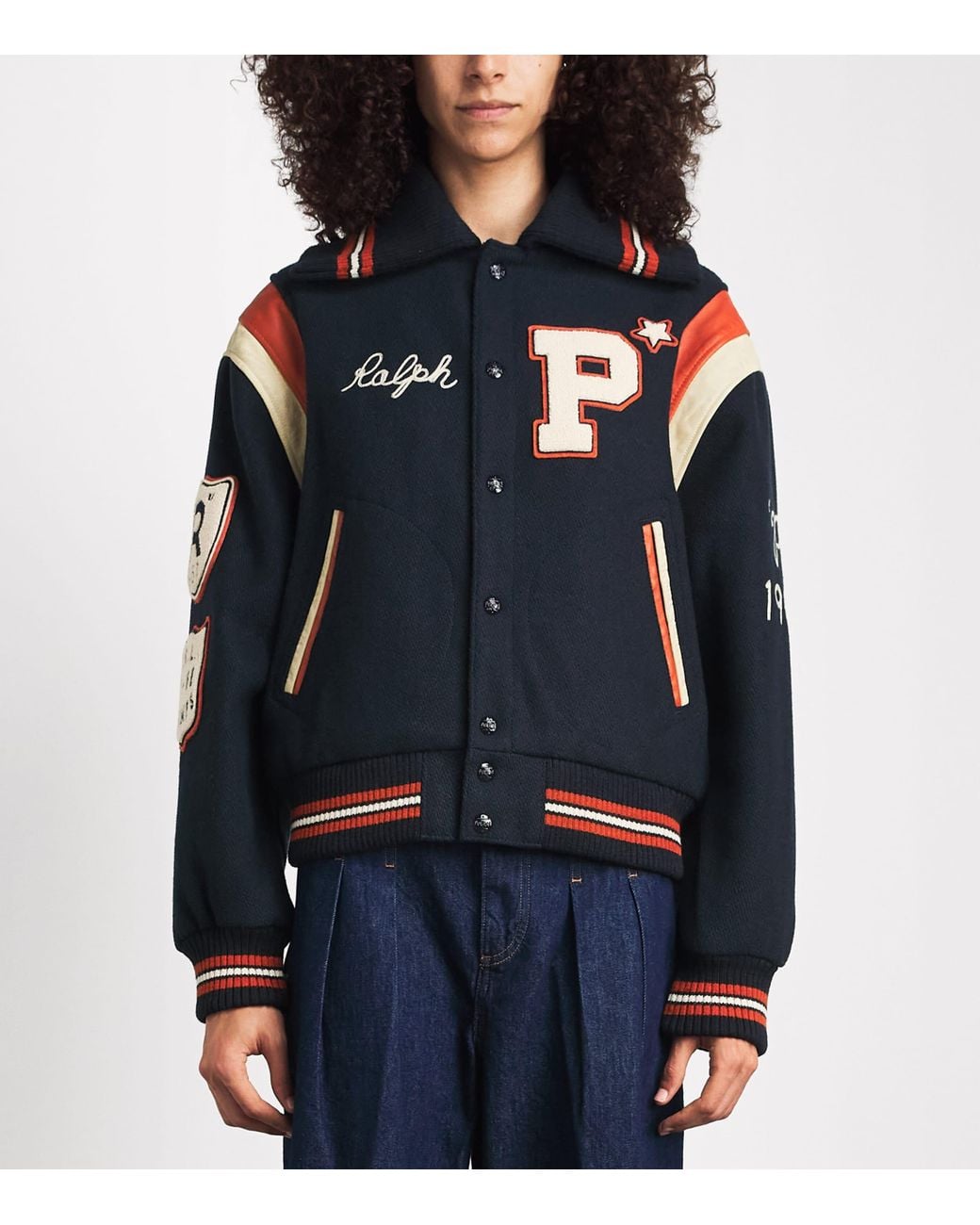 Polo Ralph Lauren Blue Wool-Blend Patchwork Bomber Jacket
