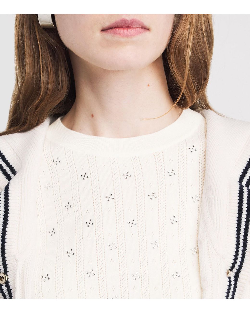 Maje White Wool-Blend Rhinestone Sweater