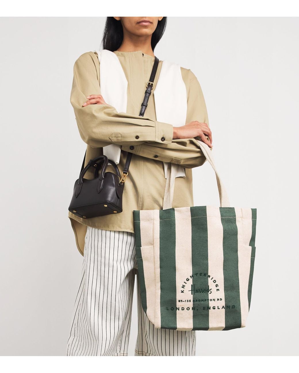 Harrods White Jute Striped Logo Shopper Tote Bag