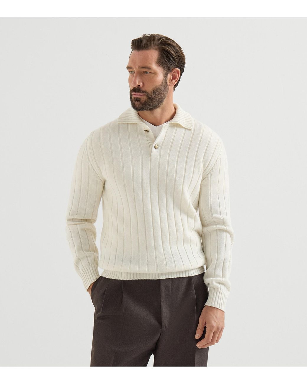 Brunello Cucinelli White Cashmere Polo Sweater for men