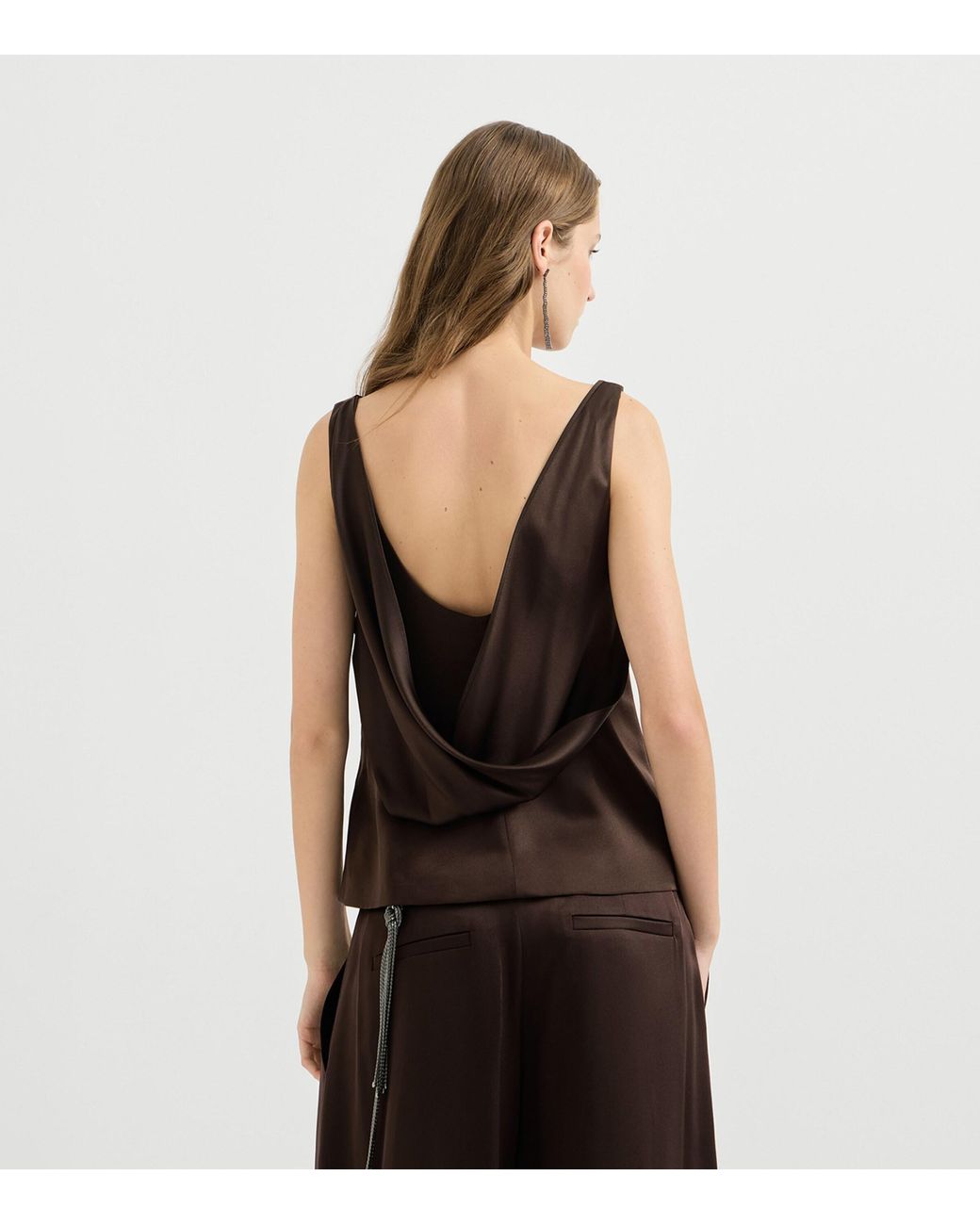 Brunello Cucinelli Brown Silk Satin Cowl-Neck Tank Top