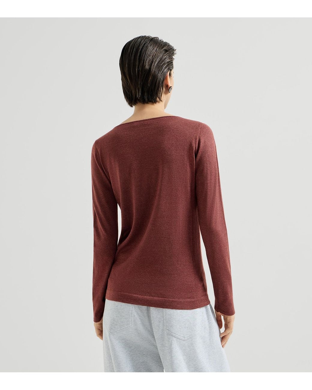 Brunello Cucinelli Red Cashmere-Blend Sparkling Long-Sleeve T-Shirt