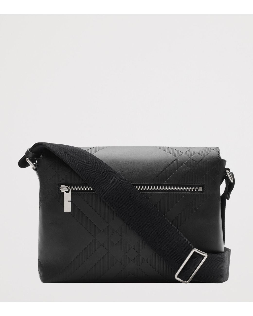Burberry Black Leather Check-Embossed Messenger Bag for men